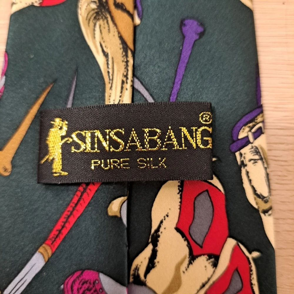 SINSABANG 100%‎ Pure Silk Green Multicolor Golf Print Korean Stand Width Tie